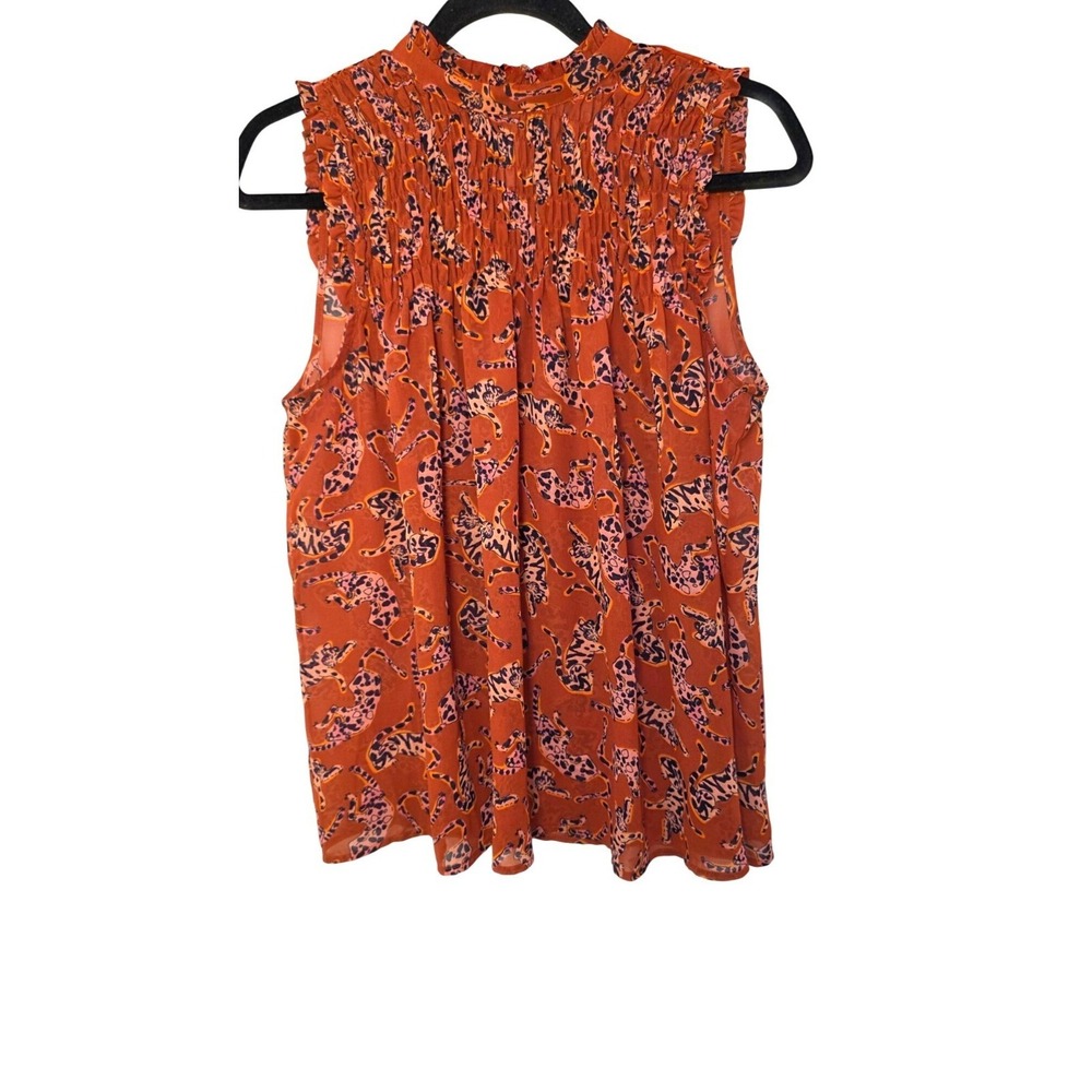 Maeve Sleeveless Caramel Leopard Print Safari Blouse‎ Smocked High Neck Size 4